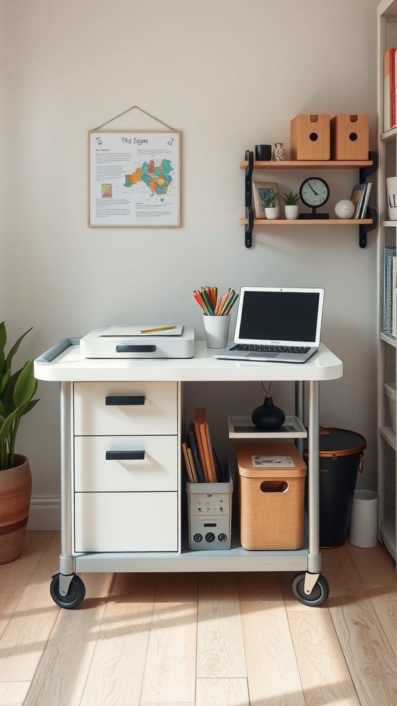 A mobile office cart with a minimalist design, featuring drawers, a laptop, and colorful stationery, set in a cozy workspace.