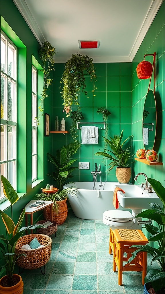 A bathroom featuring lively tropical greens with lush plants and deep green tiles.