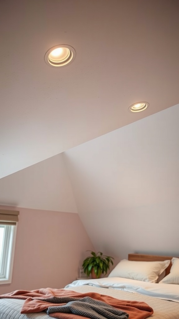 Image showing low-profile recessed lights installed in a sloped ceiling above a bed