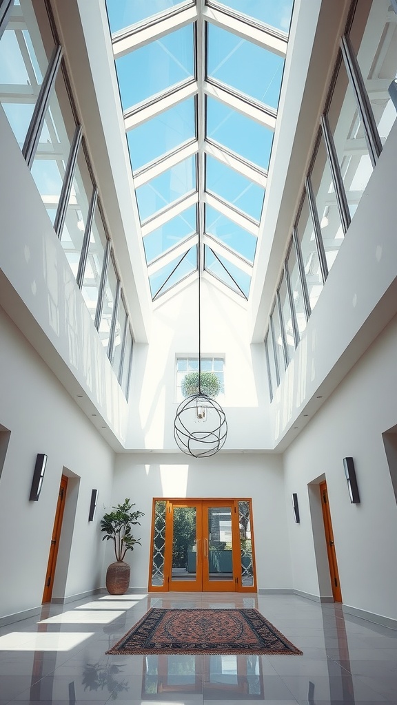 A foyer with a skylight, modern design, and vibrant natural light.