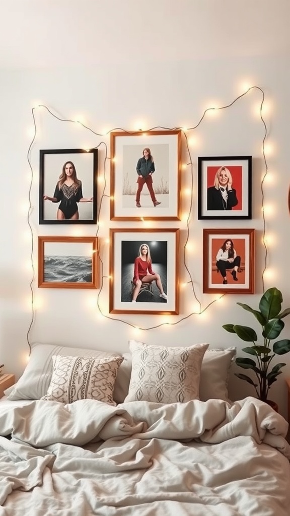 A cozy bedroom with framed photos illuminated by fairy lights on the wall.