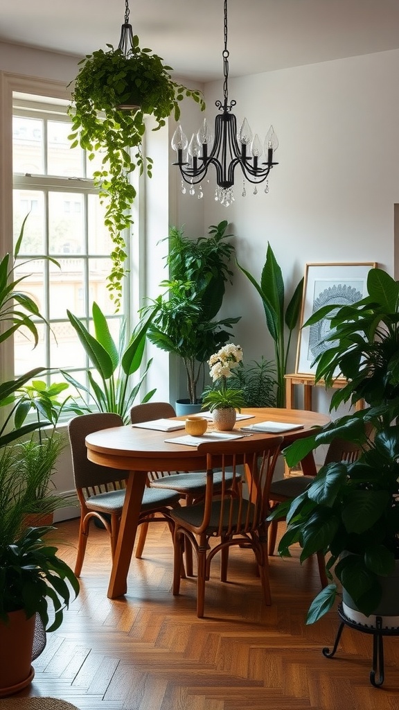 A cozy dining room featuring a wooden table, surrounded by various plants and a beautiful chandelier.