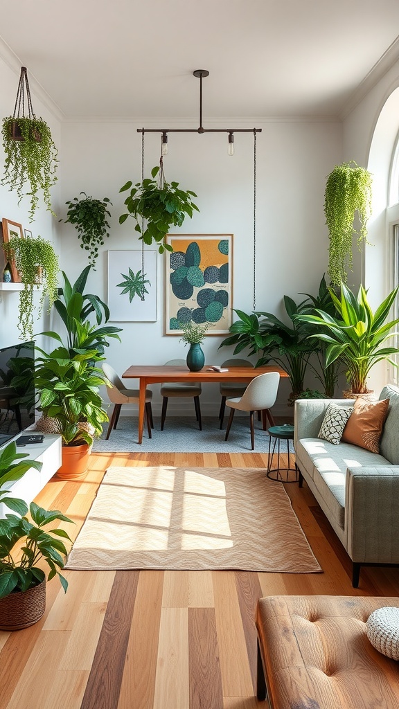 A living room-dining room combo featuring various plants, a wooden dining table, and a stylish sofa.