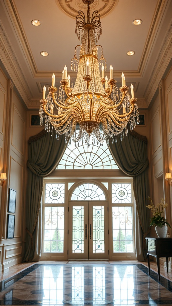 An elegant chandelier in a grand foyer with large glass doors and patterned floor.