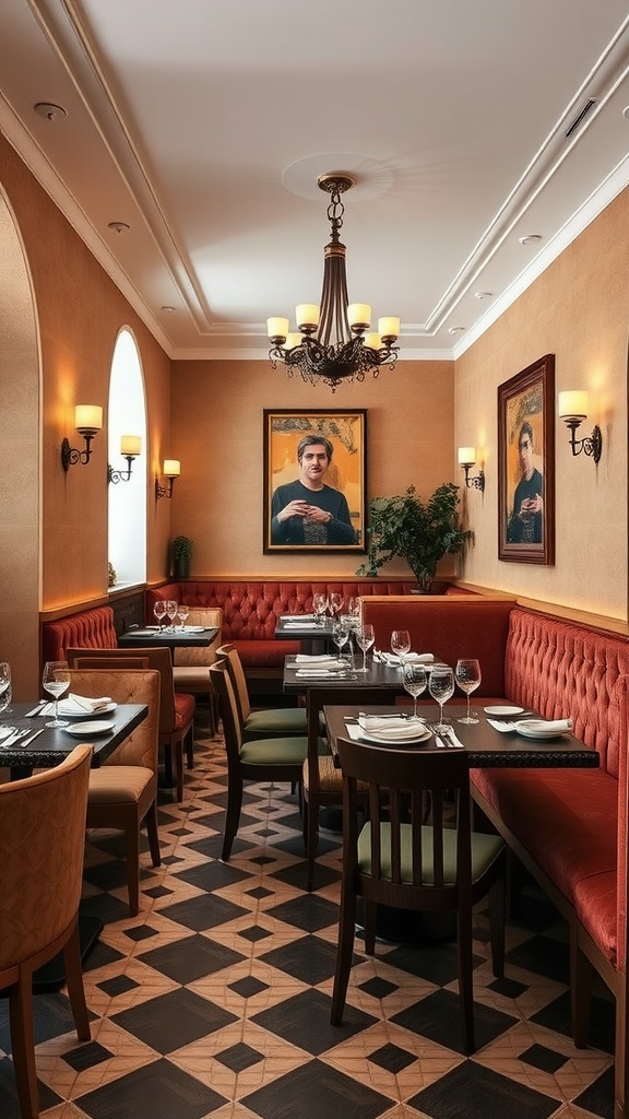 Luxurious Italian dining room featuring a red banquette, elegant tables, and fine decor.