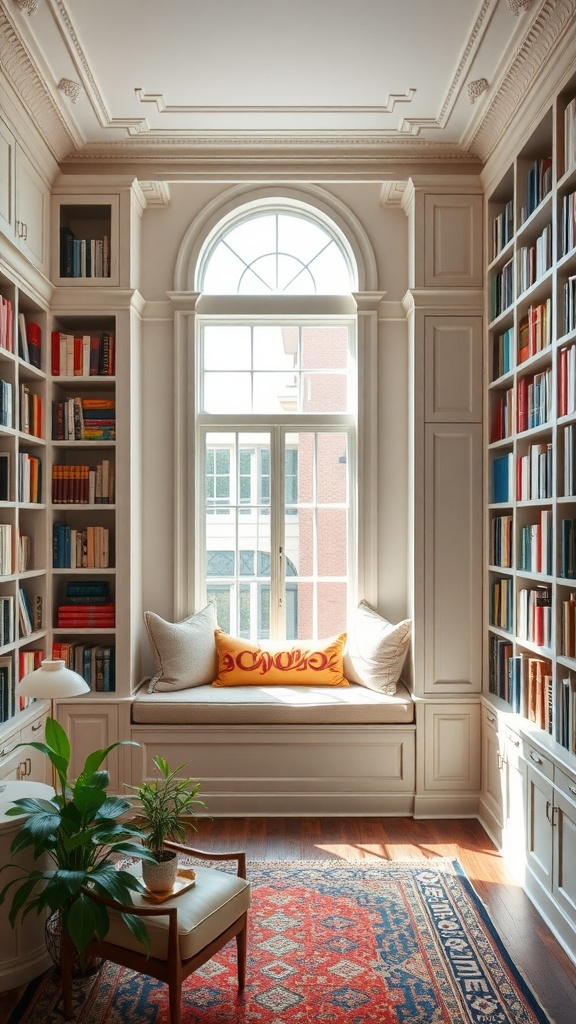 Luxurious library featuring custom built-ins and a cozy window seat