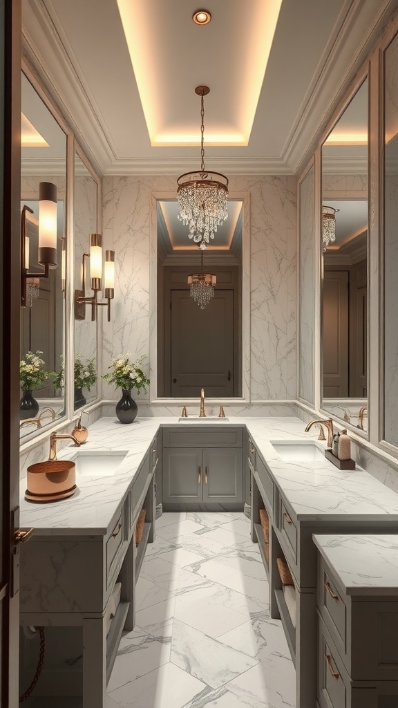 Luxurious bathroom featuring marble countertops, stylish fixtures, and elegant decor.