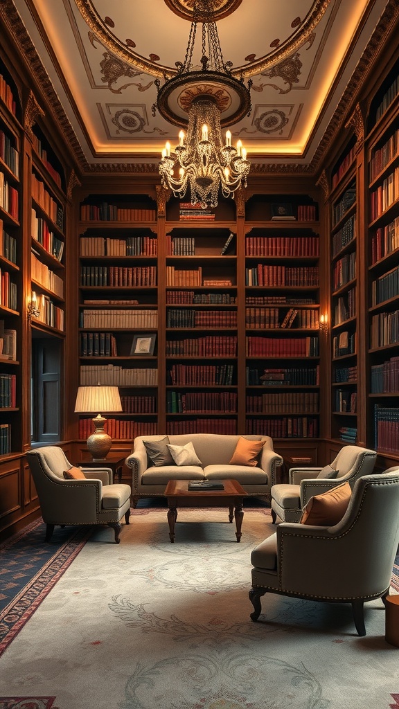 Luxurious reading room with plush seating, wooden bookshelves, chandelier, and elegant decor.