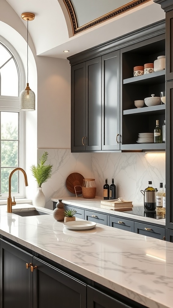 Luxurious small kitchen with dark cabinetry, marble countertops, and elegant fixtures