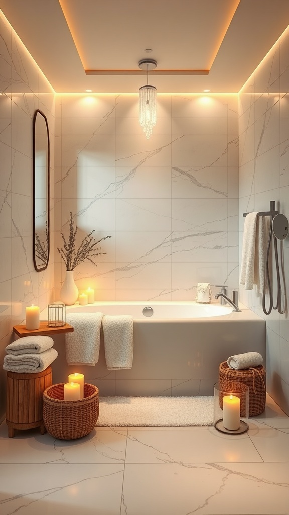 A stylish modern bathroom with marble tiles, candles, and a freestanding bathtub.