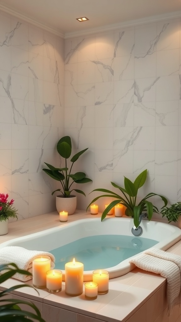 A luxurious bathroom with a bathtub surrounded by candles and plants.