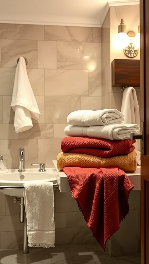 A collection of neatly stacked luxurious towels in warm colors on a bathroom countertop.