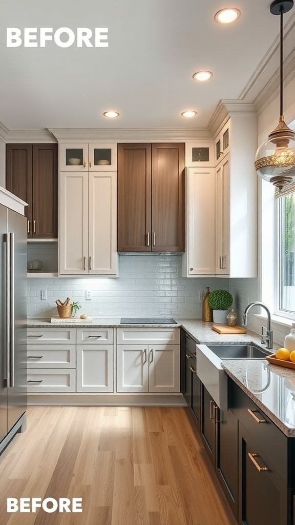 Before and after image of a kitchen remodel showcasing luxury finishes and fixtures.