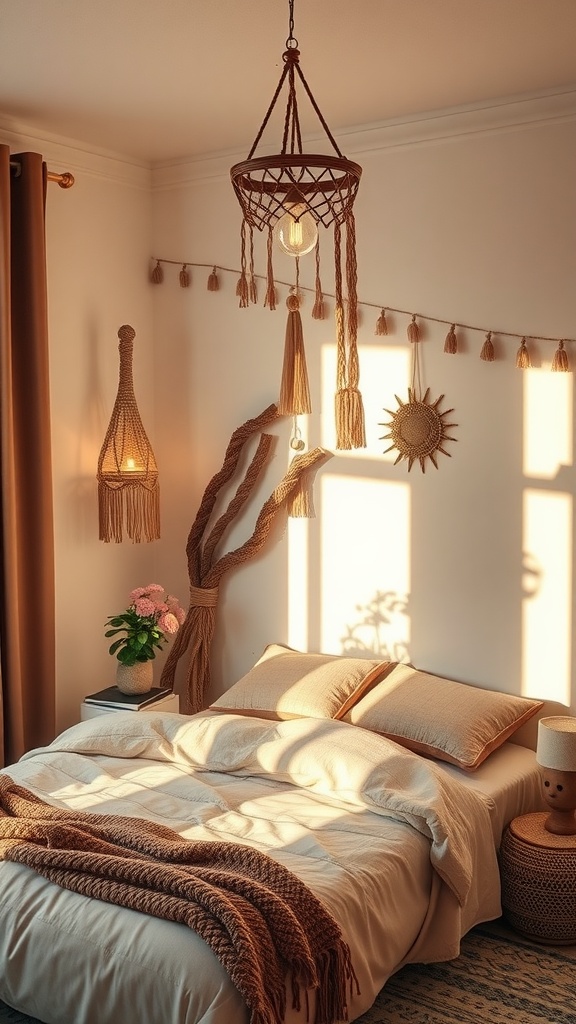 A cozy boho bedroom featuring macrame hanging lights with warm tones and soft textures.