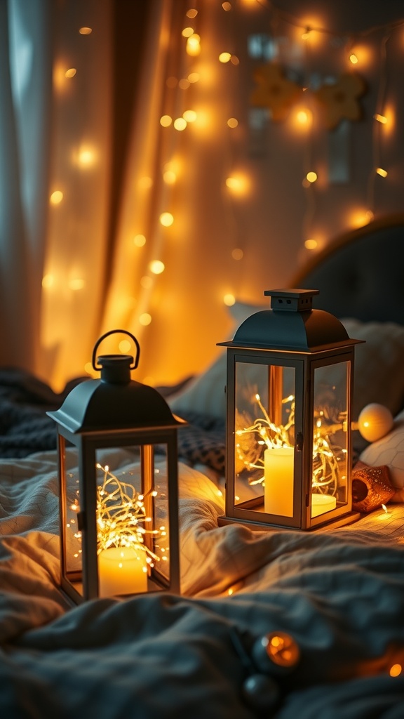 Two bedside lanterns with warm lights and fairy lights in a cozy bedroom