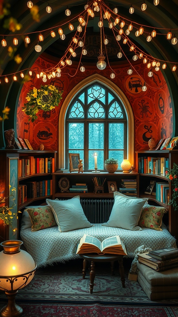 A cozy reading nook with warm lighting, soft seating, and whimsical wall designs, perfect for kids.