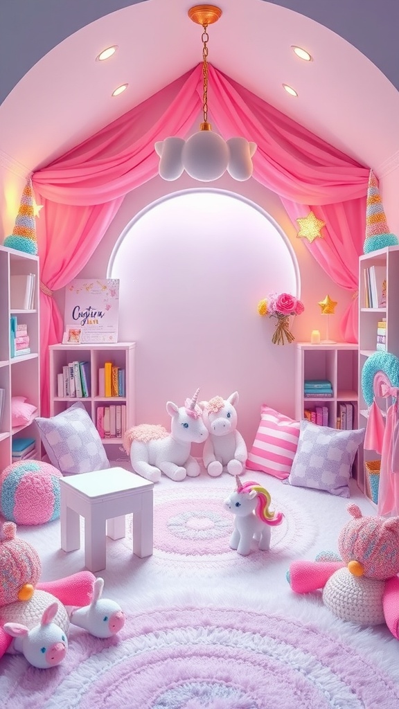 A cozy reading nook for kids, decorated in soft pink with unicorn toys, colorful cushions, and shelves of books.