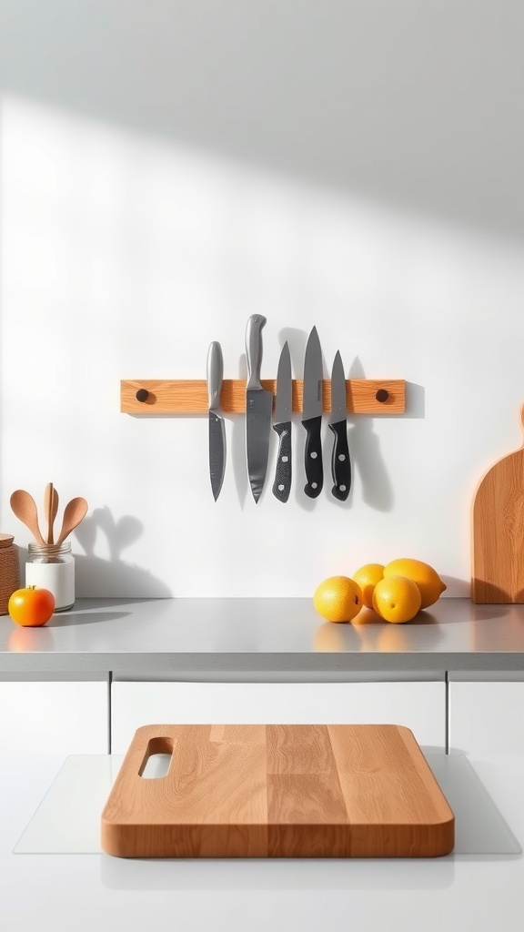 A wooden magnetic knife strip mounted on a wall with several knives attached above a clean countertop.
