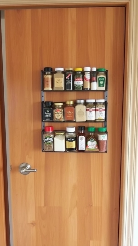 A magnetic spice rack mounted on a wooden pantry door, displaying various spice jars and bottles.