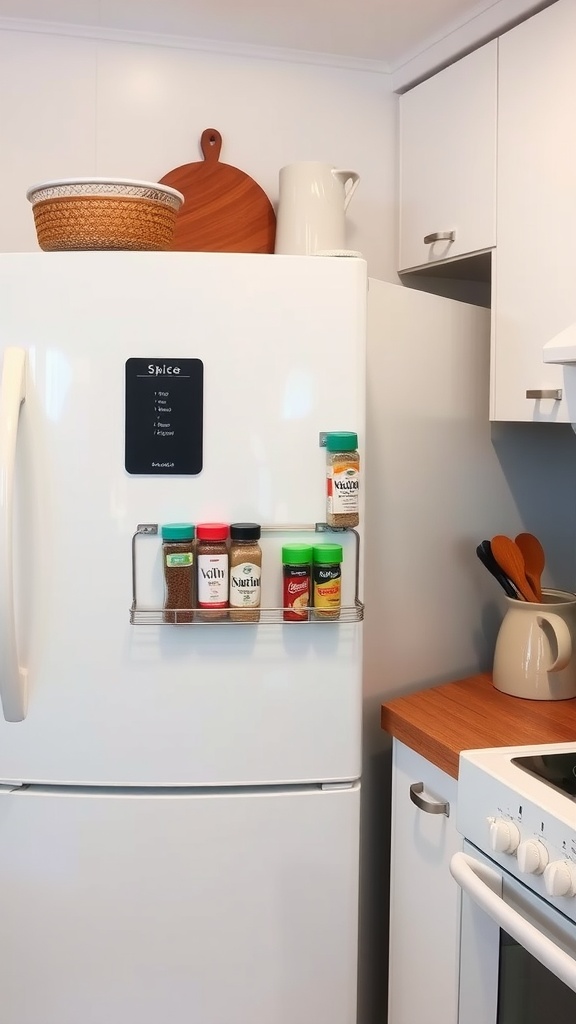 Magnetic spice rack on a refrigerator with various spice jars