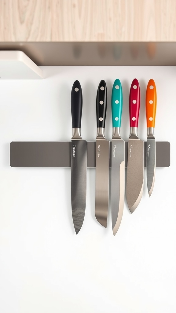 Colorful knives neatly arranged on a magnetic strip in a modern kitchen.