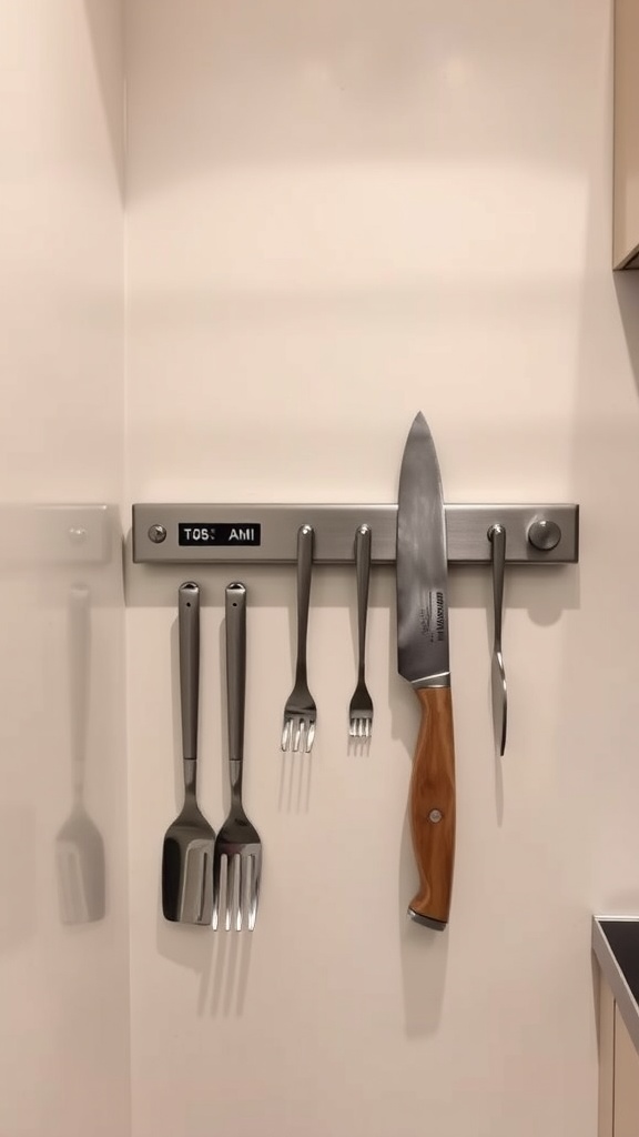 Magnetic strip with utensils hanging on a wall