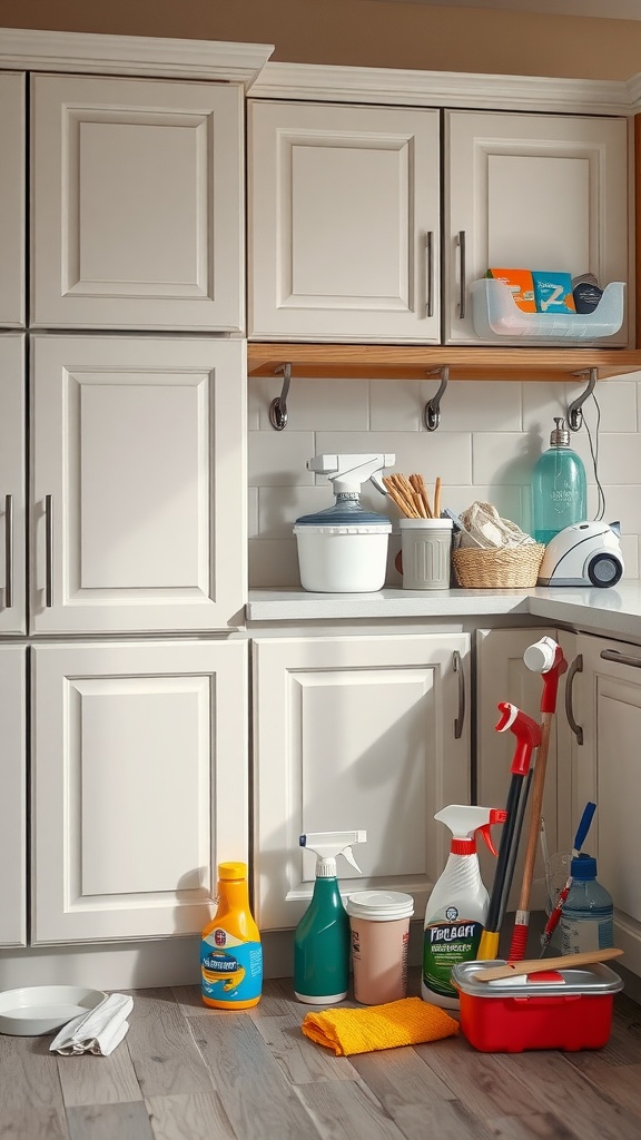A clean kitchen scene with painted cabinets and various cleaning supplies organized nearby.
