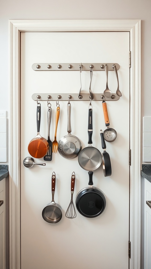 Kitchen door with a rack holding various cooking utensils and pots.