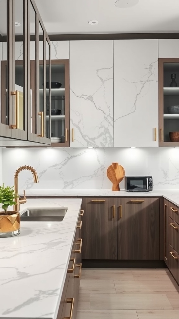 Stylish kitchen with marble accented cabinets and gold hardware.