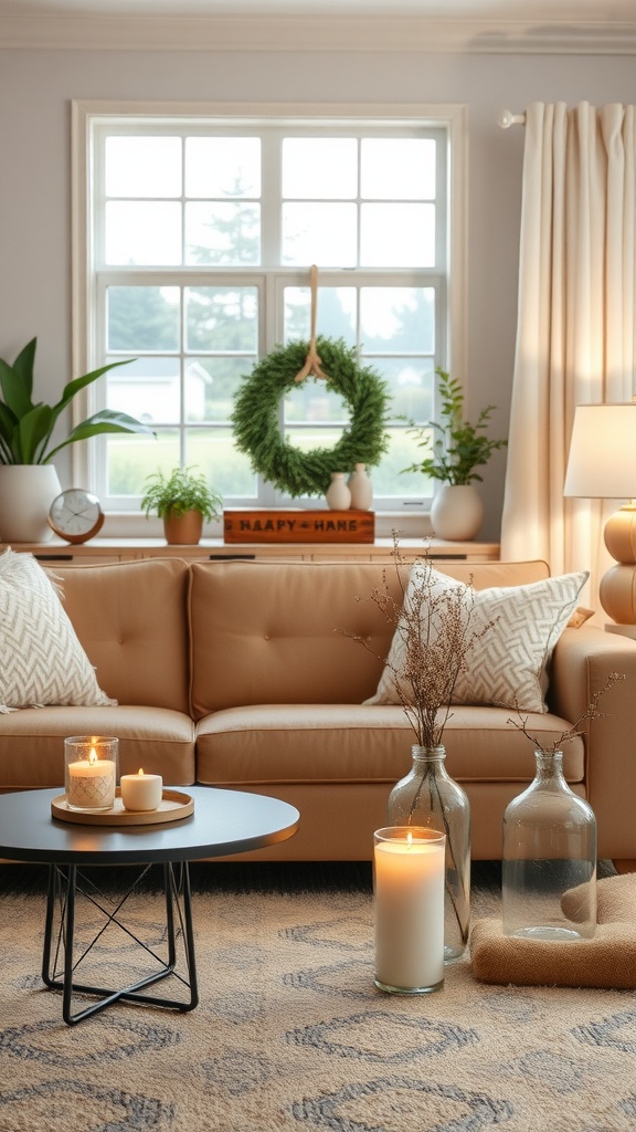 A cozy living room featuring mason jar decor with candles and dried flowers.