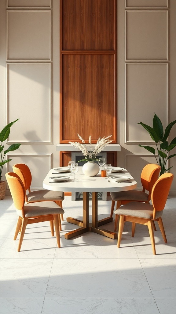 Modern farmhouse dining room with a round table and matching orange chairs.