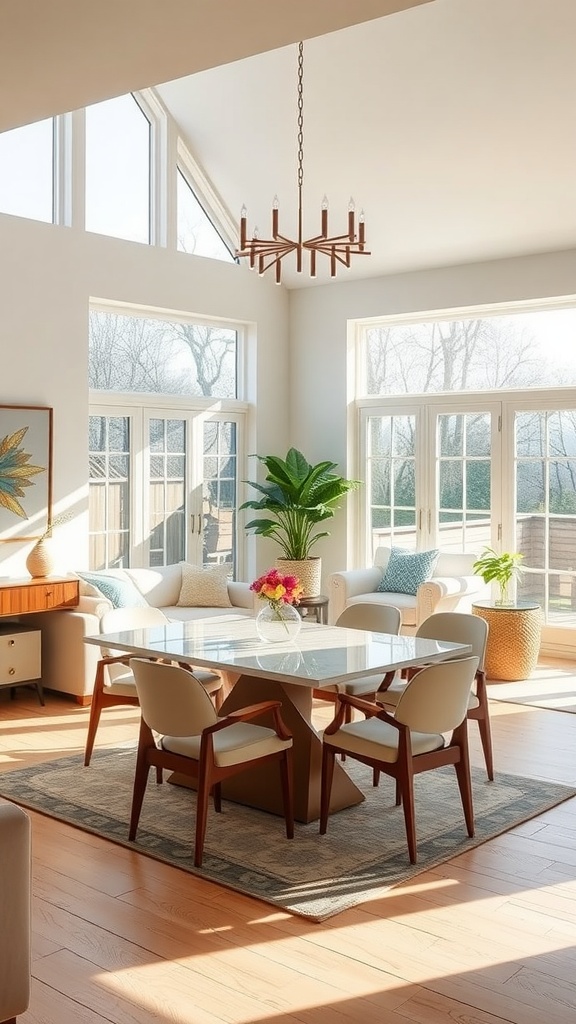 Bright and airy living room and dining area with large windows, a chandelier, and plants.