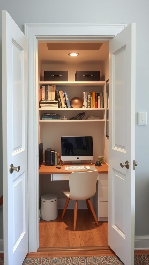 A closet transformed into a small office space with desk, computer, and shelves.