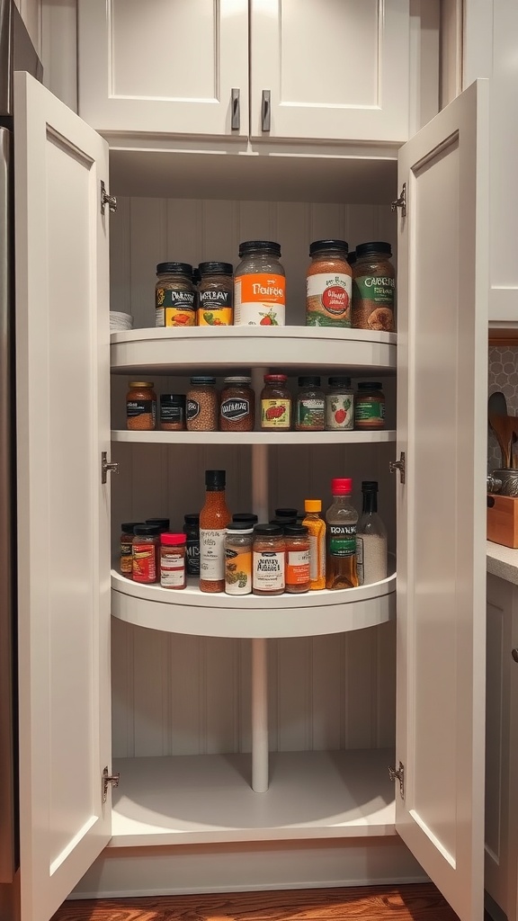 A corner cabinet with a lazy Susan filled with various jars and spices, showcasing organization and space maximization.