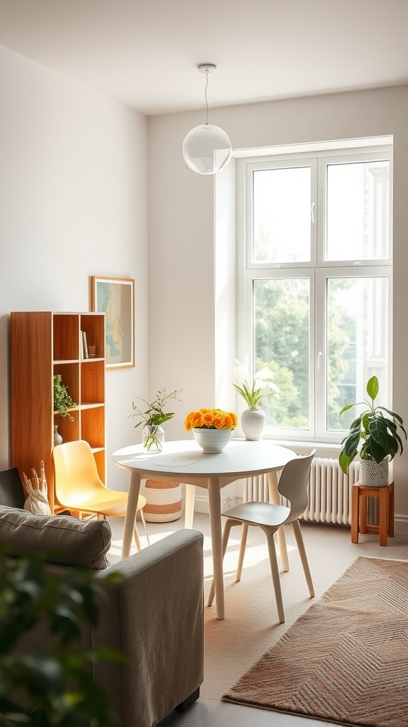 A small living room with a round dining table, bright windows, and decorative plants