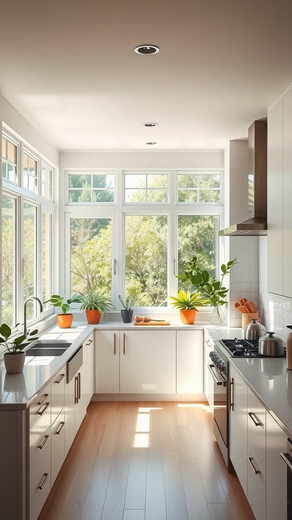 Bright U-shaped kitchen with large windows, plants, and modern design