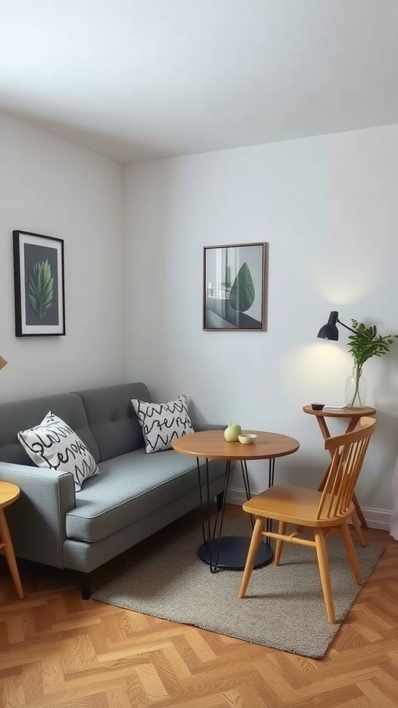 Small cozy living dining room combo with a sofa, round table, and wooden chairs