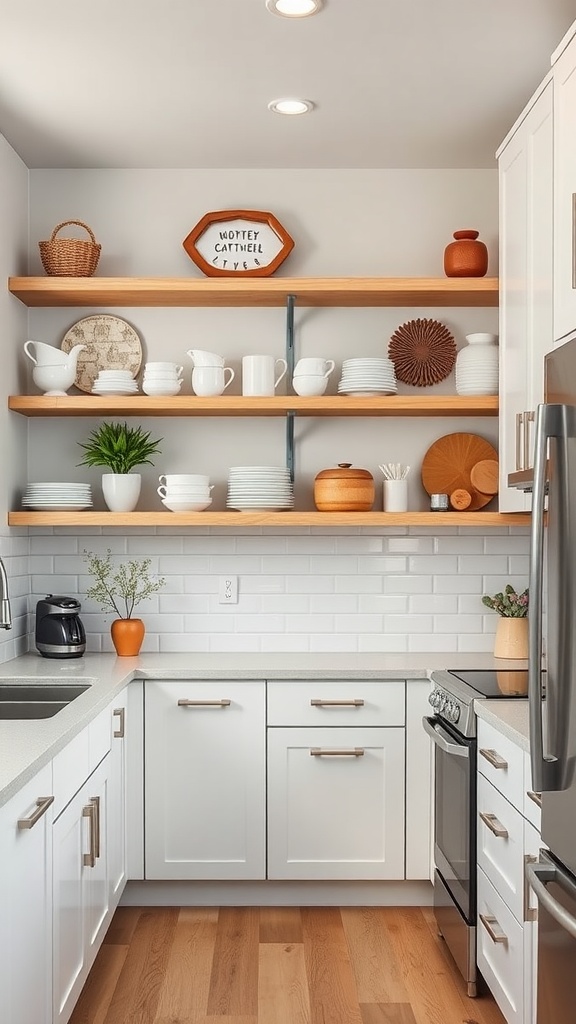 A U-shaped kitchen featuring open wood shelves displaying dishes and decor.