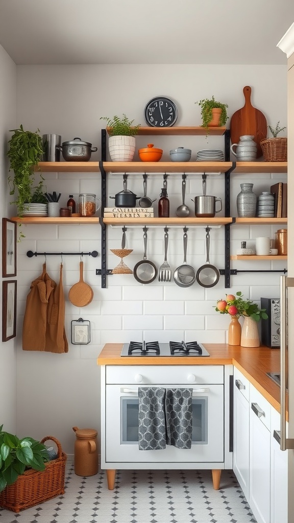 A small kitchen with open shelves, pots, utensils, and plants organized for vertical space maximization.