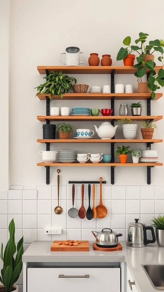 A stylish kitchen with open wooden shelves displaying plants, dishes, and utensils, maximizing vertical space.