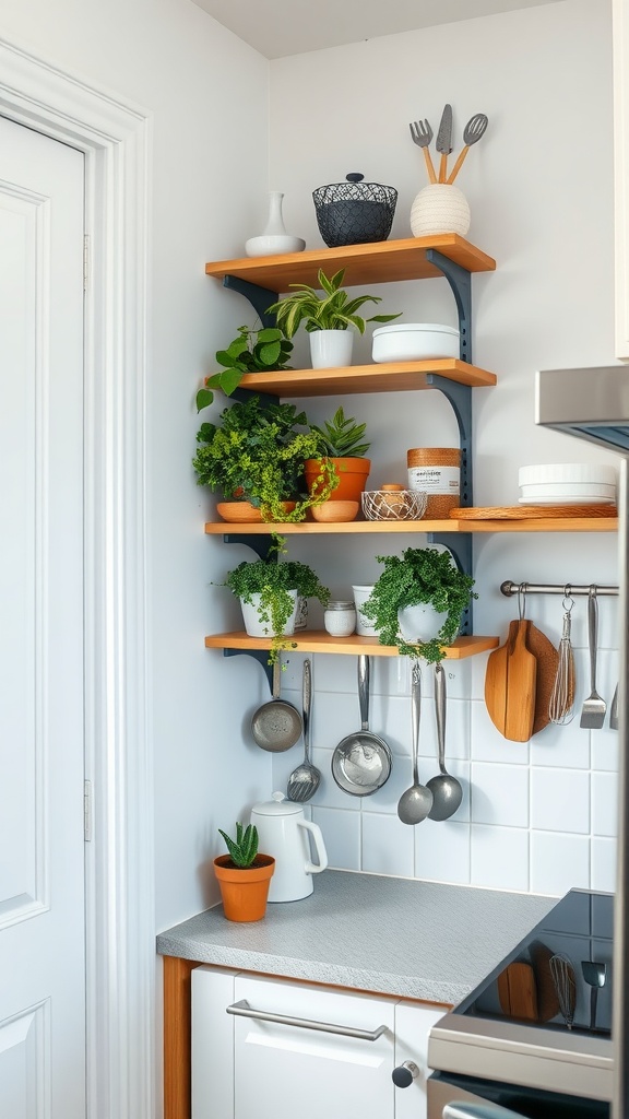 Stylish corner shelving in a small kitchen filled with plants and kitchen utensils.