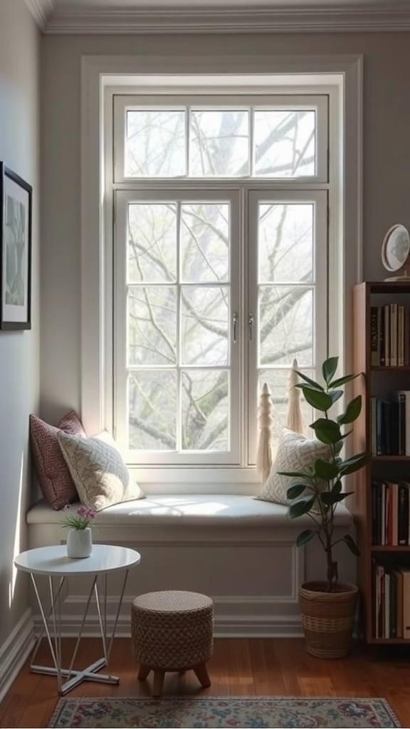 Cozy window seat with cushions, small table, and plants, creating a serene reading nook.