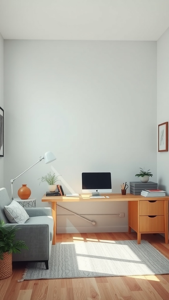 A minimalistic home office setup featuring a desk with a computer, a cozy chair, and plants.