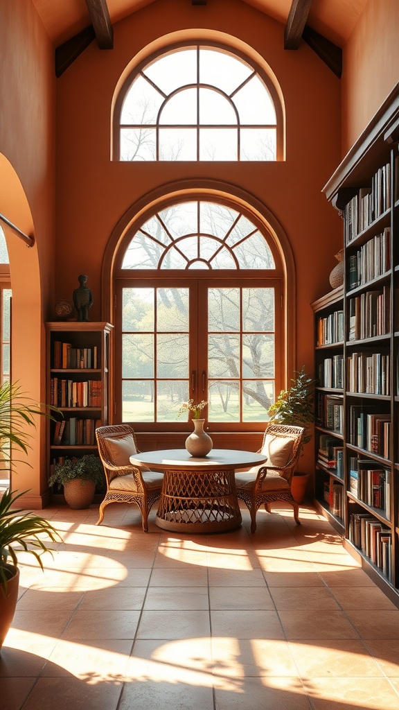 A Mediterranean-style library featuring arched windows, terracotta walls, wicker chairs, and bookshelves.