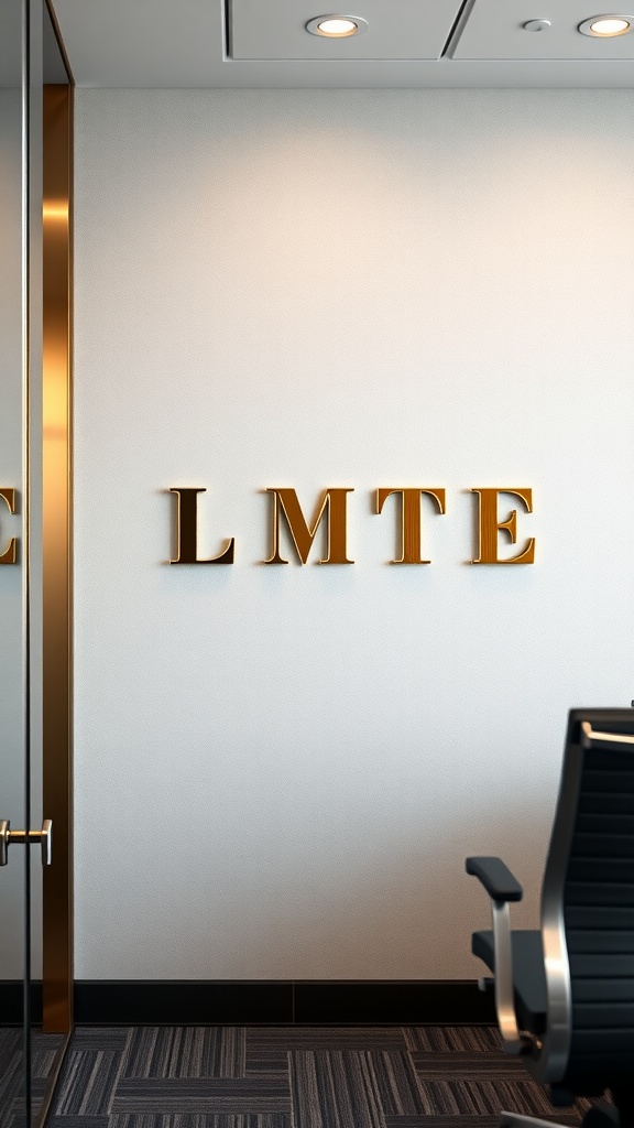 An office wall with golden letters spelling 'LMTE' and a modern chair