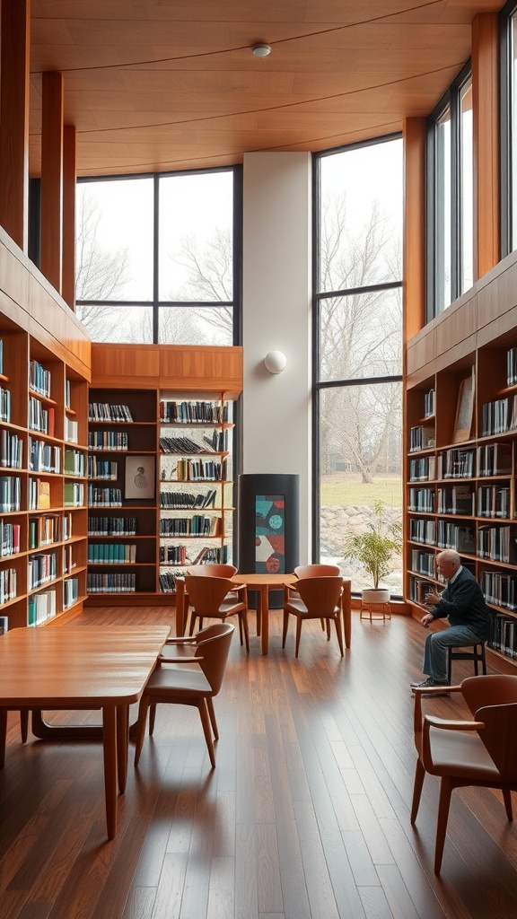 A modern home library with large windows, wooden shelves filled with books, and comfortable seating.