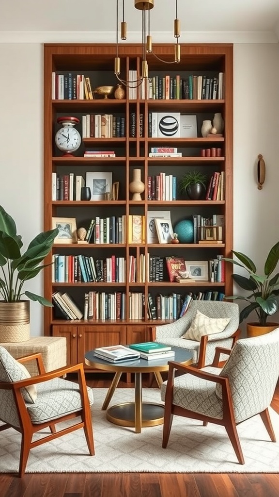 A mid-century modern reading nook featuring a wooden bookshelf, comfortable chairs, and a round coffee table.