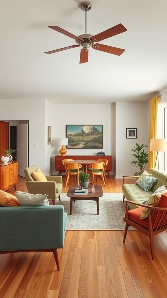 A mid-century modern living room-dining room combo featuring colorful furniture, a wooden table, and natural light.