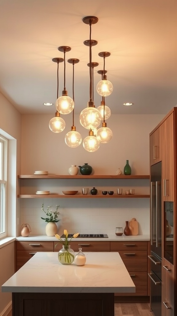 A stylish arrangement of glass mini pendant lights hanging over a kitchen island in a modern kitchen.