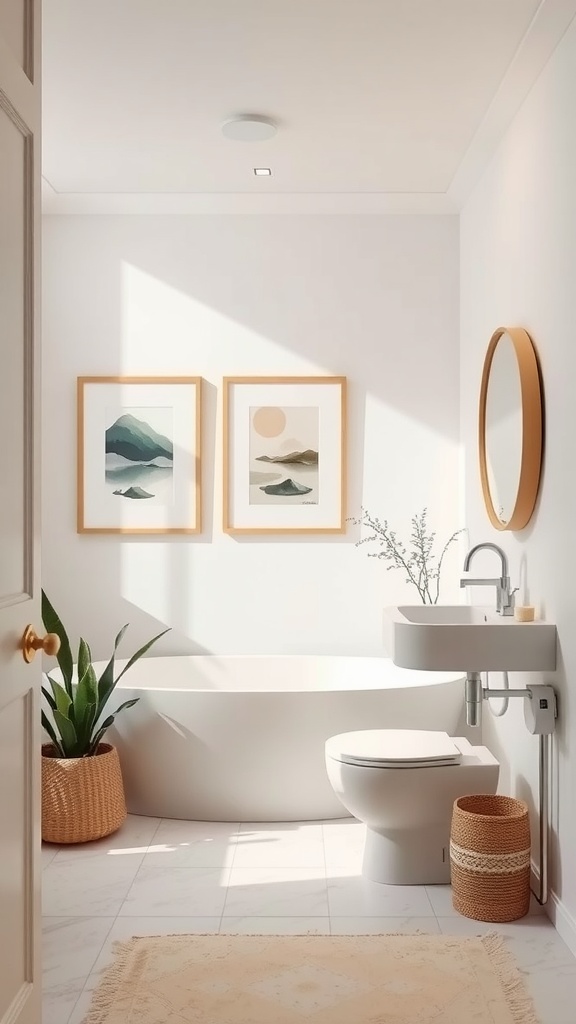 A minimalistic bathroom featuring framed art on the wall, a round mirror, and natural decor elements.